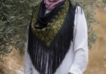 ⁦Women Handmade Palestinian Embroidered Shawl, Triangle Shape, with Green and Honey Embroidery⁩ - الصورة ⁦7⁩