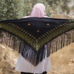 Women Handmade Palestinian Embroidered Shawl, Triangle Shape, with Green and Honey Embroidery