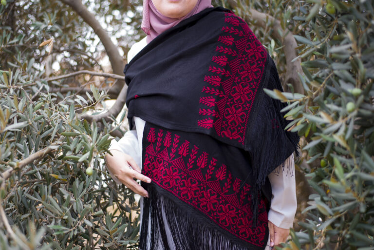 Women Handmade Palestinian Embroidered Shawl, Rectangle Shape, with Red Embroidery