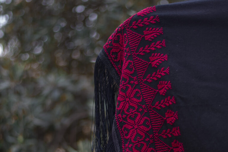 Women Handmade Palestinian Embroidered Shawl, Rectangle Shape, with Red Embroidery - Image 5