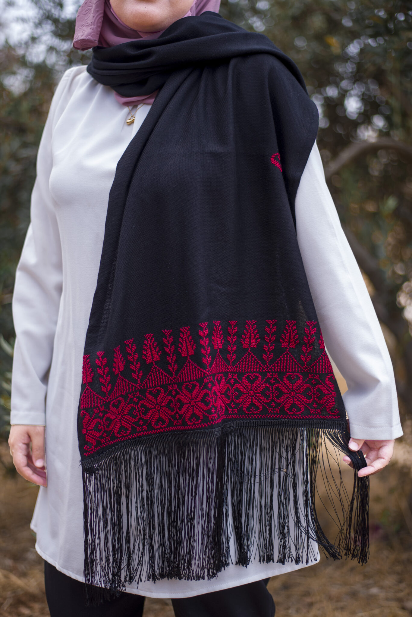 Women Handmade Palestinian Embroidered Shawl, Rectangle Shape, with Red