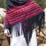 Women Handmade Palestinian Embroidered Shawl, Triangle Shape, with Red and Beige Embroidery