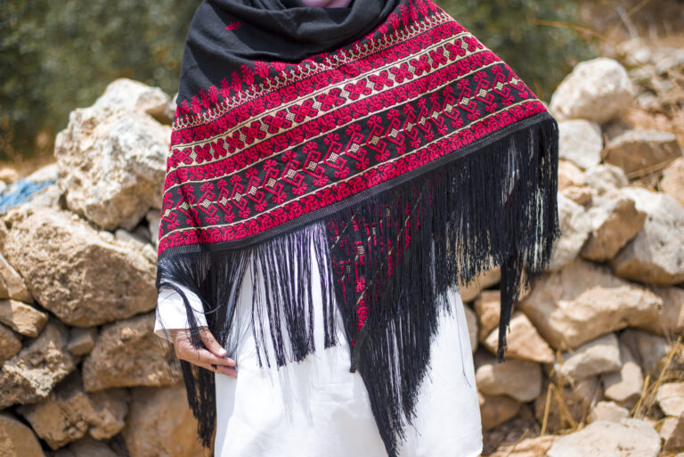 Women Handmade Palestinian Embroidered Shawl, Triangle Shape, with Red and Beige Embroidery