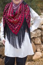 Women Handmade Palestinian Embroidered Shawl, Triangle Shape, with Red and Beige Embroidery - Image 12