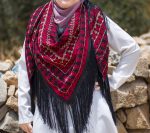 Women Handmade Palestinian Embroidered Shawl, Triangle Shape, with Red and Beige Embroidery - Image 2