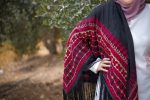 Women Handmade Palestinian Embroidered Shawl, Triangle Shape, with Red and Beige Embroidery - Image 3