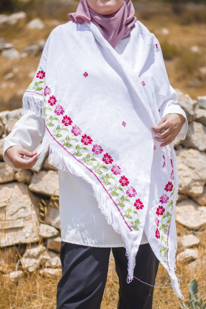 Women Handmade Palestinian Embroidered Shawl, Triangle Shape, with Roses Embroidery
