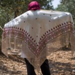 Women Handmade Palestinian Embroidered Shawl, Triangle Shape, with Red and Green Embroidery