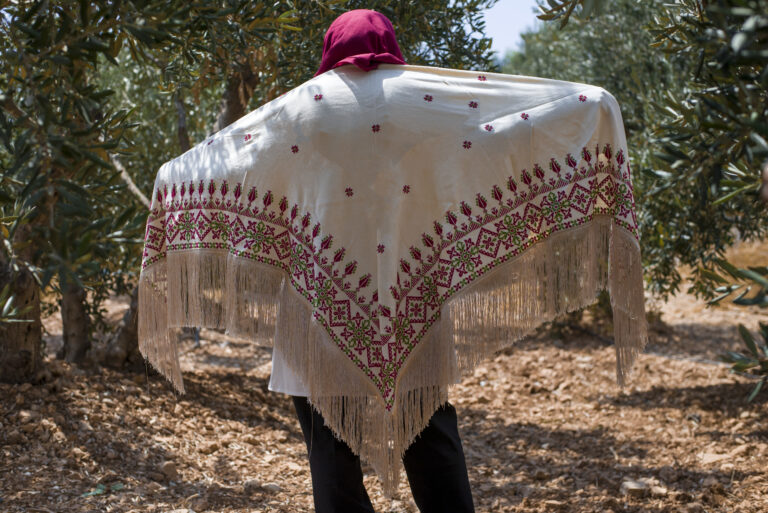 Women Handmade Palestinian Embroidered Shawl, Triangle Shape, with Red and Green Embroidery