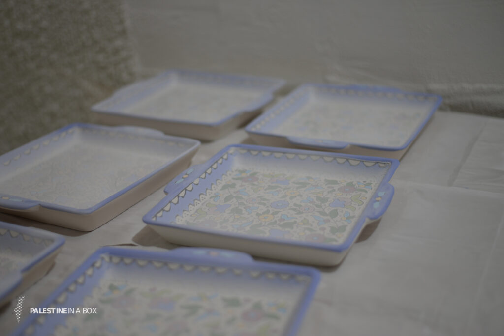 The Art and History of Hebron Ceramics 5 After each piece is carefully painted with beautiful arabesque scenery, many of which embody the many important symbols of Palestine, the pieces are put into the kiln to bake. After that, they are ready to be glazed.