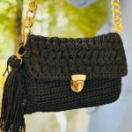 Handmade Black Crochet Shoulder Bag with Golden Chain
