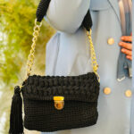 Handmade Black Crochet Shoulder Bag with Golden Chain - Image 2