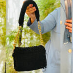 Handmade Black Crochet Shoulder Bag with Golden Chain - Image 3