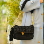 Handmade Black Crochet Shoulder Bag with Golden Chain - Image 7