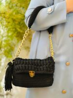 Handmade Black Crochet Shoulder Bag with Golden Chain - Image 8