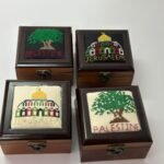 "Olive Tree & Palestine" Hand-Embroidered Wooden Box (Black Canvas) - Size 13x13x5.5 cm