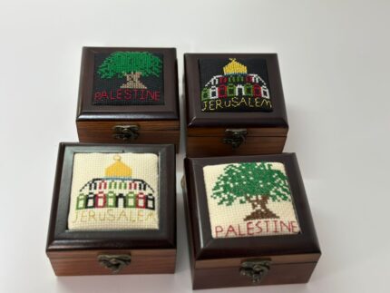 "Olive Tree & Palestine" Hand-Embroidered Wooden Box (Black Canvas) - Size 13x13x5.5 cm