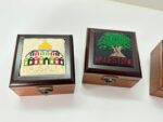 "Olive Tree & Palestine" Hand-Embroidered Wooden Box (Black Canvas) - Size 13x13x5.5 cm