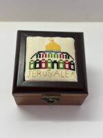 "Dome of the Rock - Jerusalem" Hand-Embroidered Wooden Box (Off-White) - Size 13x13x5.5 cm