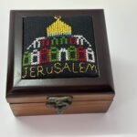 "Dome of the Rock - Jerusalem" Hand-Embroidered Wooden Box (Off-White) - Size 13x13x5.5 cm
