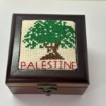 Hand-Embroidered Palestinian Olive Tree Square Wooden Box (Off-White Canvas) - 13x13x5.5 cm