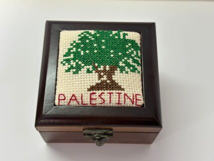 Hand-Embroidered Palestinian Olive Tree Square Wooden Box (Off-White Canvas) - 13x13x5.5 cm