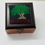 "Olive Tree & Palestine" Hand-Embroidered Wooden Box (Black Canvas) - Size 13x13x5.5 cm
