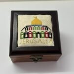 "Dome of the Rock - Jerusalem" Hand-Embroidered Wooden Box (Off-White) - Size 13x13x5.5 cm