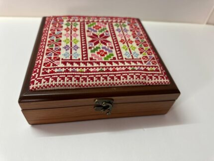 "Canaanite Motifs" Premium Hand-Embroidered Palestinian Wooden Box - Size 23x23x6 cm