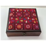 Wooden Box with  Royal handmade  Tatreez (Red & Multi-Color) - Size 23x23x6 cm