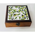 "Olive Branch" Wooden Box with Hebron Ceramic - Two Color Options - Size 18x18x8 cm