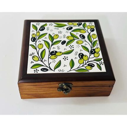 "Olive Branch" Wooden Box with Hebron Ceramic - Two Color Options - Size 18x18x8 cm