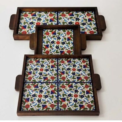 Wooden Tray Set - Royal Floral Pattern (Complete 3-Piece Set)