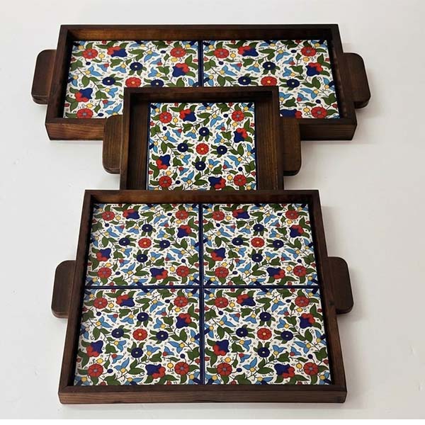 Hebron ceramic 4 tiles _2 Wooden Tray Set - Royal Floral Pattern (Complete 3-Piece Set) - Image 1