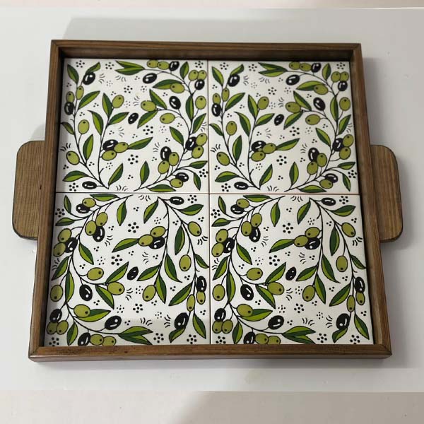 Wooden Tray olive_1 Wooden Tray with Olive Branch Pattern - Large Size (32x32 cm) - Image 1
