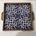 Wooden Tray – Large Size (32x32 cm) Hand-Painted Floral Pattern (Dark Blue )