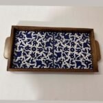 Wooden Tray – Medium Size (32x17 cm) Hand-Painted Floral Pattern (Dark Blue)
