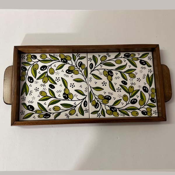 wooden tray olive 2 Wooden Tray with Olive Branch Pattern - Medium Size (32x17 cm) - Image 1