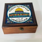 "Dome of the Rock" Wooden Box – Size 18x18x8 cm (Hand-Painted Hebron Ceramic)