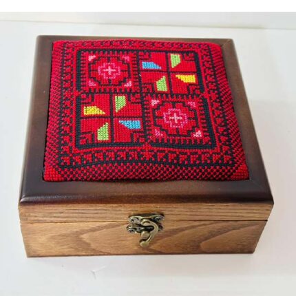 Royal Hand-Embroidered Wooden Box (Crimson Red & Multi-Color) – Size 18x18x8 cm
