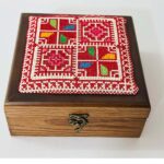 Royal Hand-Embroidered Wooden Box on Off-White Fabric (Crimson Red & Multi-Color) – Size 18x18x8 cm