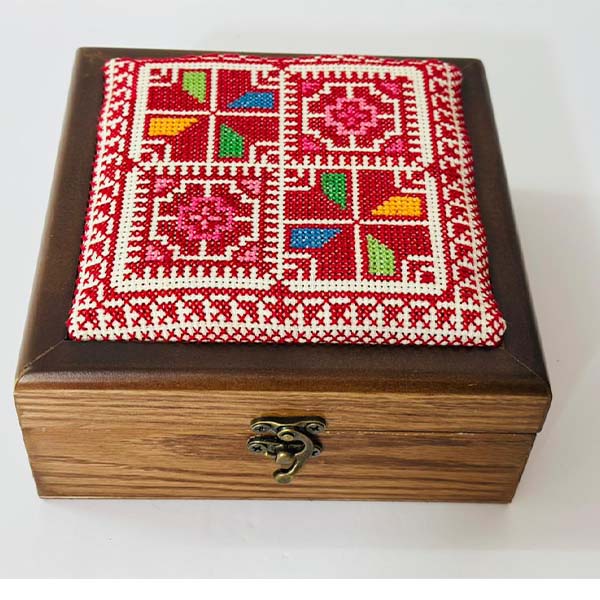 box10 Royal Hand-Embroidered Wooden Box on Off-White Fabric (Crimson Red & Multi-Color) – Size 18x18x8 cm - Image 1