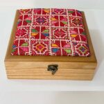 Wooden Box with Royal Handmade Tatreez on Off-White Fabric (Red & Multi-Color) - Size 23x23x8 cm - الصورة 2