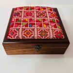 Wooden Box with Royal Handmade Tatreez on Off-White Fabric (Red & Multi-Color) - Size 23x23x8 cm - الصورة 4