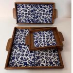 Wooden Tray Set - Royal Floral Pattern_dark blue (Complete 3-Piece Set)