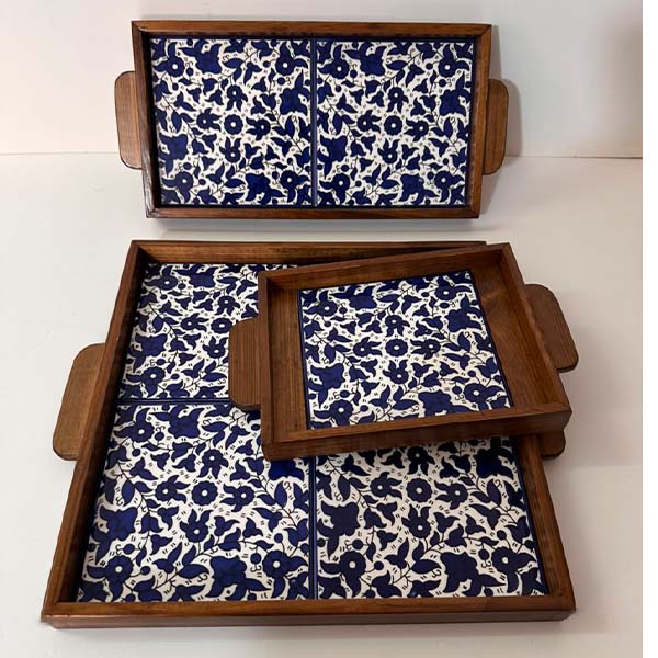 dark blue Wooden Tray Set - Royal Floral Pattern_dark blue (Complete 3-Piece Set) - Image 1