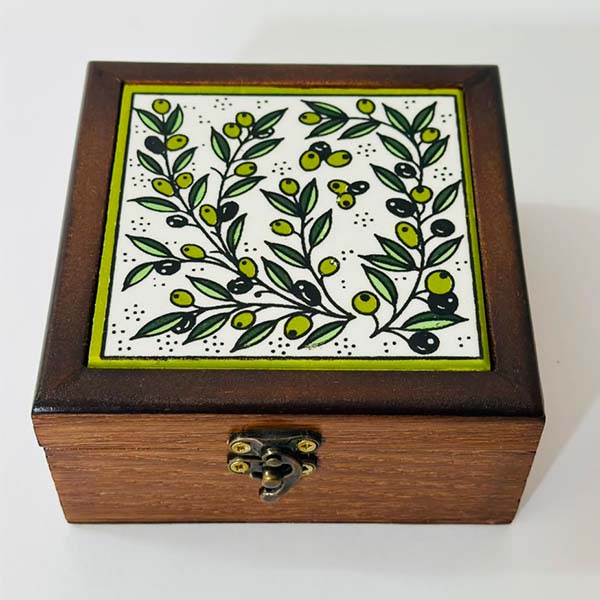 olive small box12_12_6cm "Olive Tree" Wooden Keepsake & Jewelry Box – Size 12x12x7 cm (Hand-Painted Hebron Ceramic) - Image 1