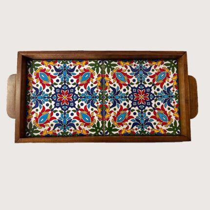 Traditional Hebron Ceramic Wooden Tray – Medium Size (Double-Tile)