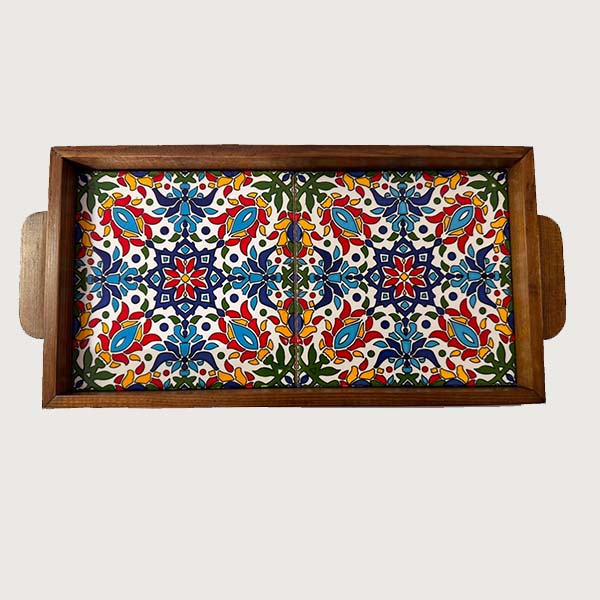 صينية خزف بلاطتين Traditional Hebron Ceramic Wooden Tray – Medium Size (Double-Tile) - Image 1
