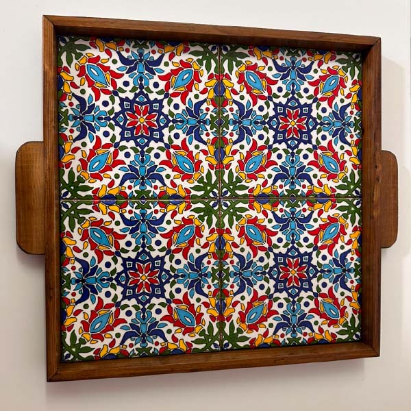 صينية خزف Traditional Hebron Ceramic Wooden Tray – Large Size (Quad-Tile) - الصورة 1